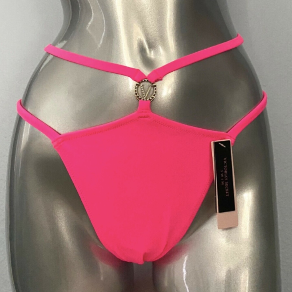 Victorias Secret Nwt Bright Pink Strappy Gold Brazilian Swim Bikini Bottom